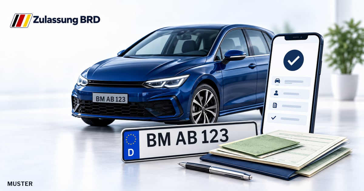 Online Fahrzeugzulassung in Elsdorf: Musterkennzeichen BM AB 123, Auto und Fahrzeugpapiere und Smartphone. Illustration mit Logo von Zulassung BRD.